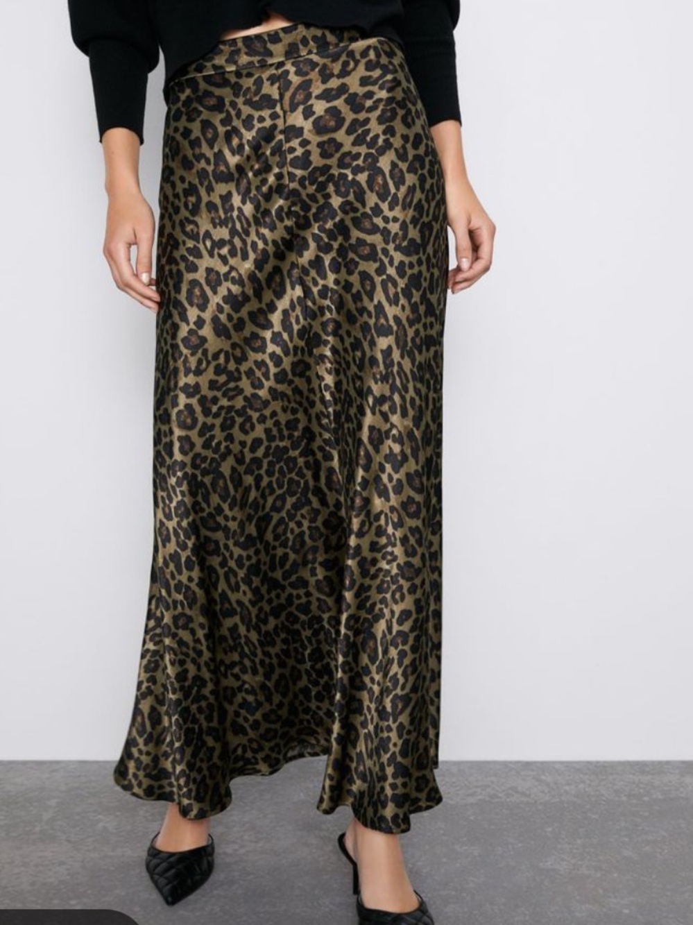 Zara Leopard Satin Maxi Skirt - Olive & Black